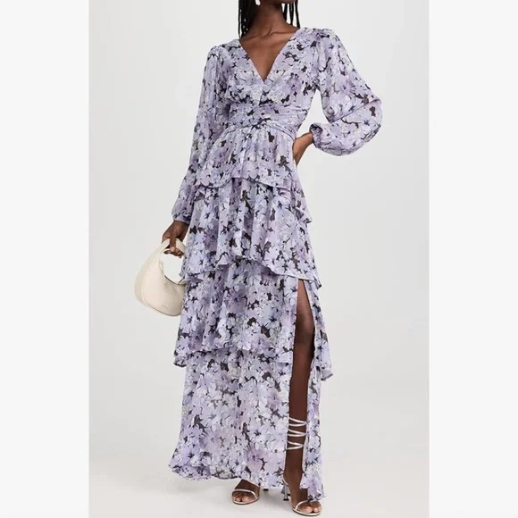 ASTR THE LABEL Anora Maxi Dress in Black & Purple Floral, size sm, 3 tiers - Picture 1 of 9